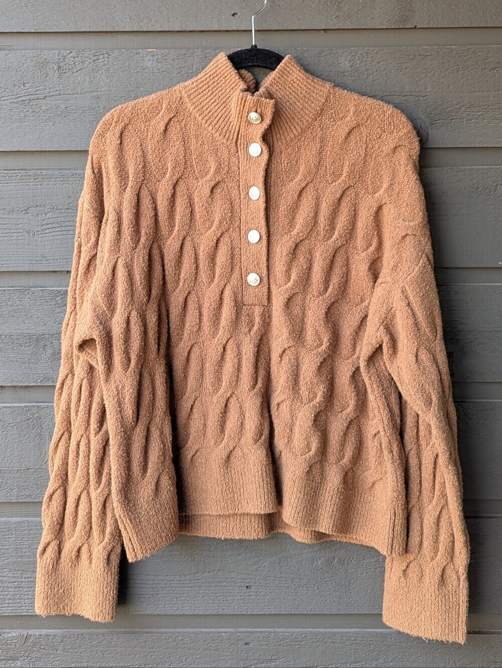 Splendid x Cella Jane Blog Knit V-Neck Long Sleeve Cable Knit Sweater Large Tan